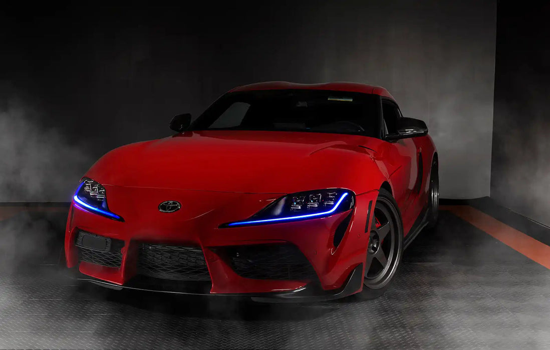 Toyota GR Supra MK5 with blue RGB DRL lighting