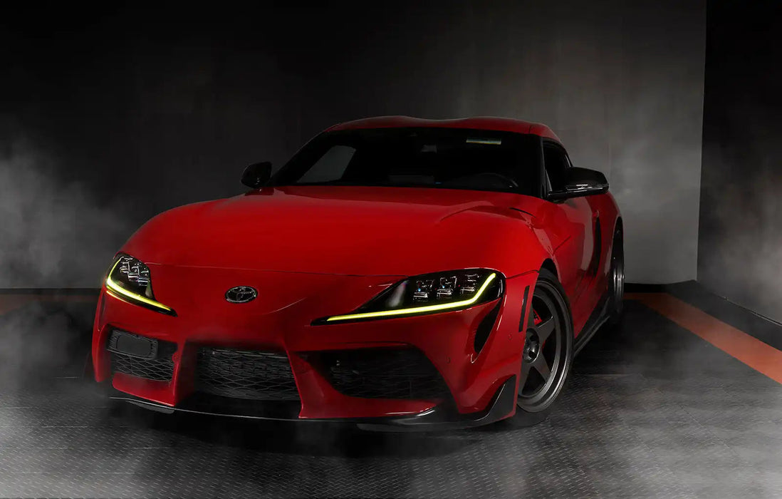 Toyota GR Supra MK5 with yellow RGB DRL lighting